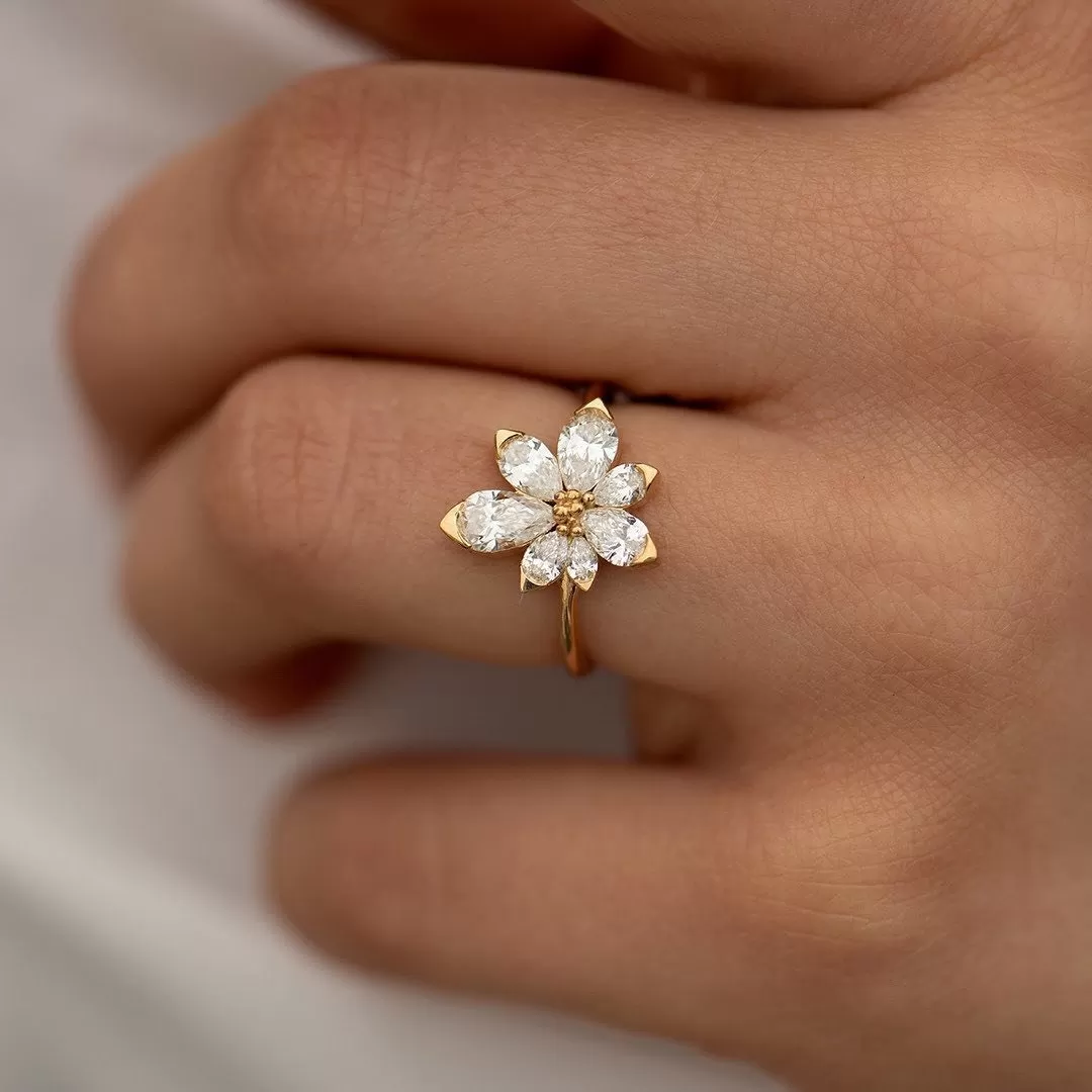 Pear Cut Flower Design Asymmetric Blossom Engagement Ring