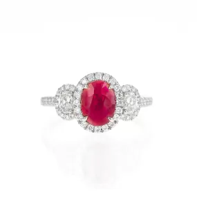 Platinum 0.94 Carat Oval Natural Ruby Diamond Three Stone Halo Ring