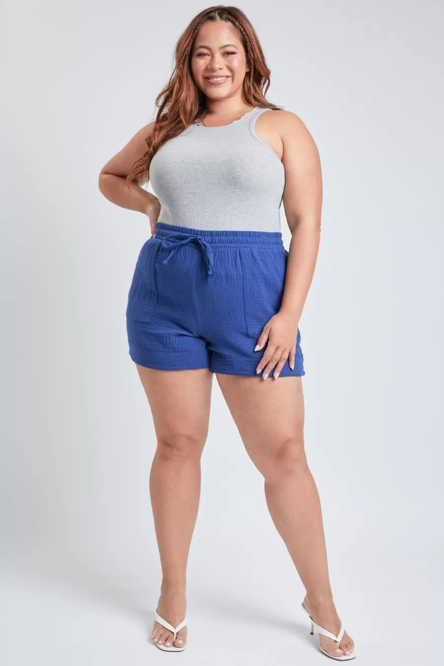 Plus Size Women's Double Gauze Shorts With Banded Hem