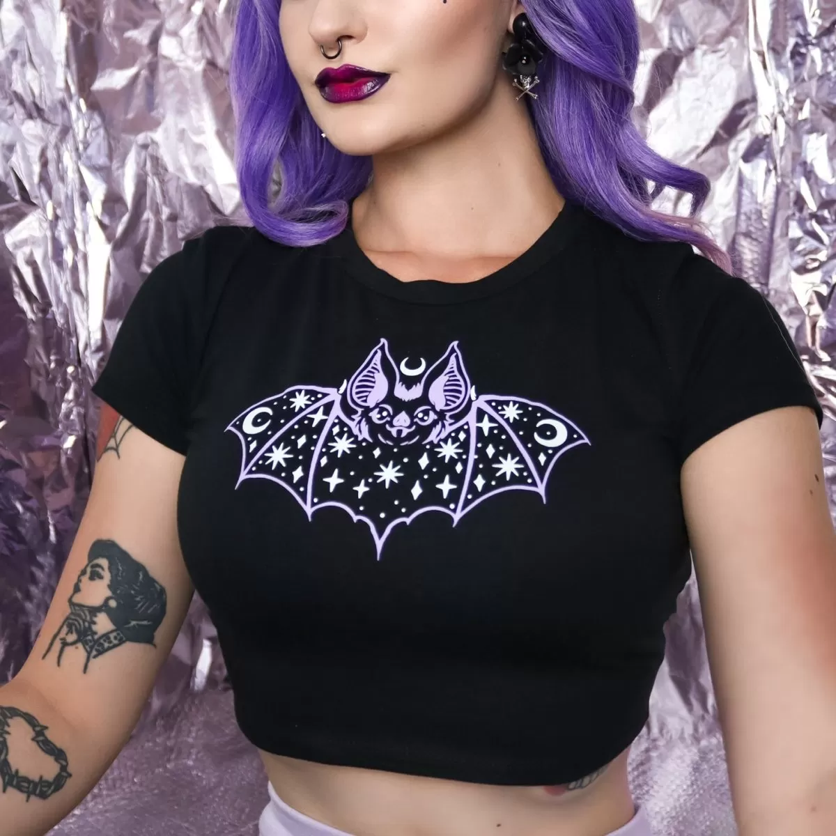 Purple Cosmic Bat Crop Baby Tee