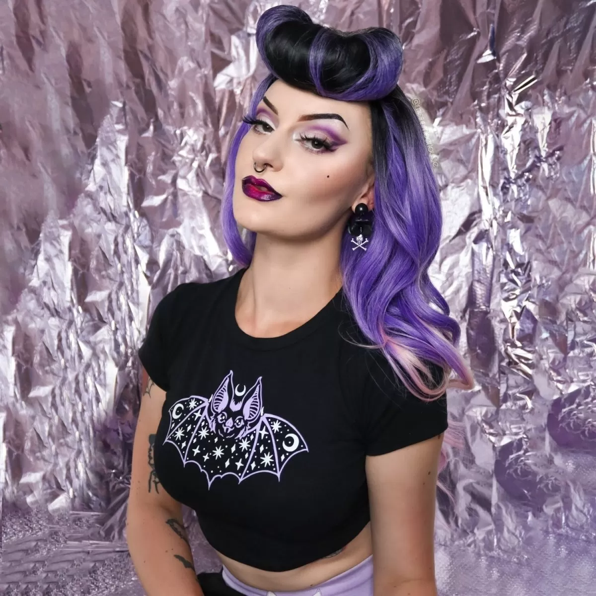 Purple Cosmic Bat Crop Baby Tee