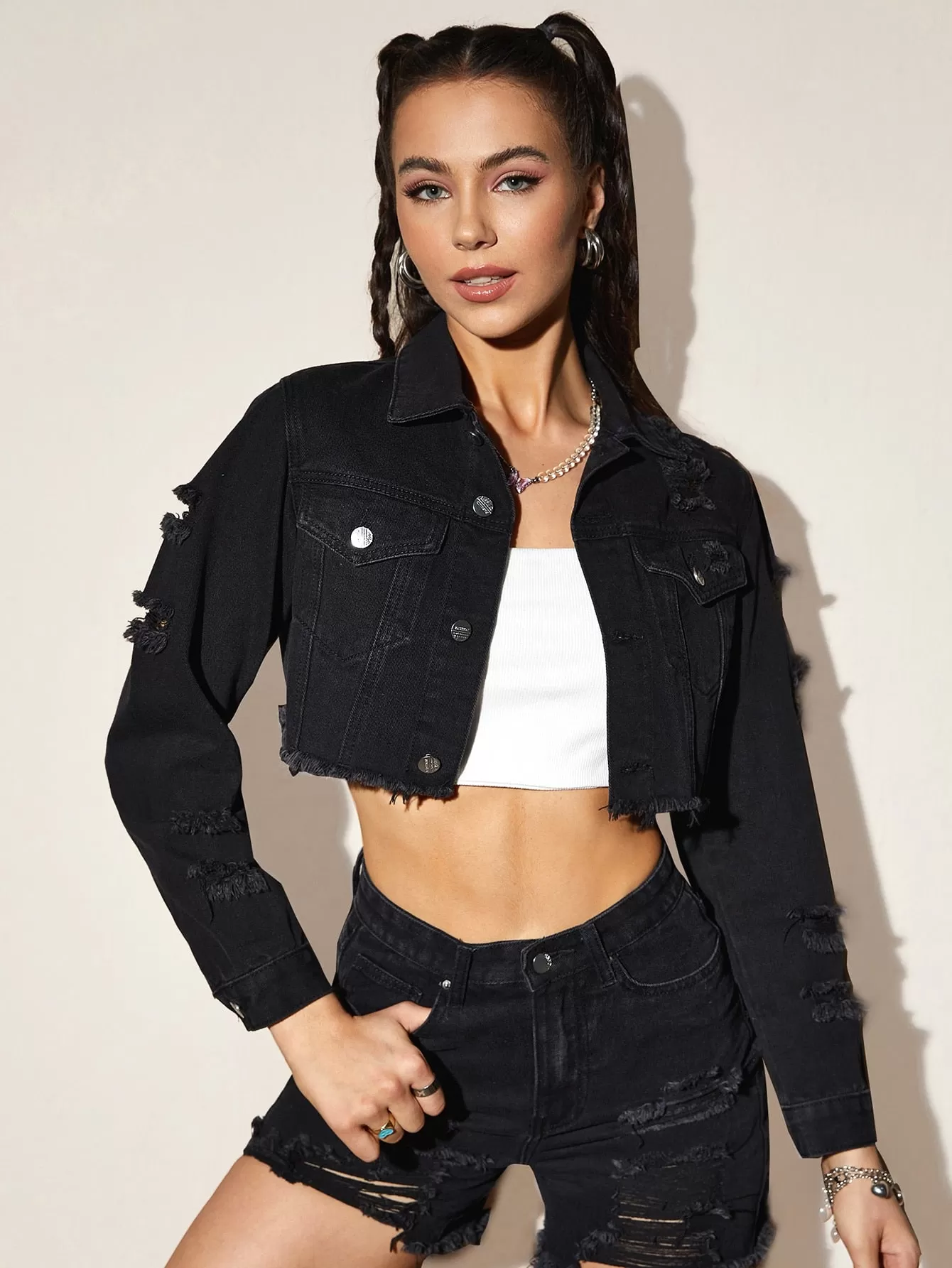 Ripped Button Up Crop Denim Jacket