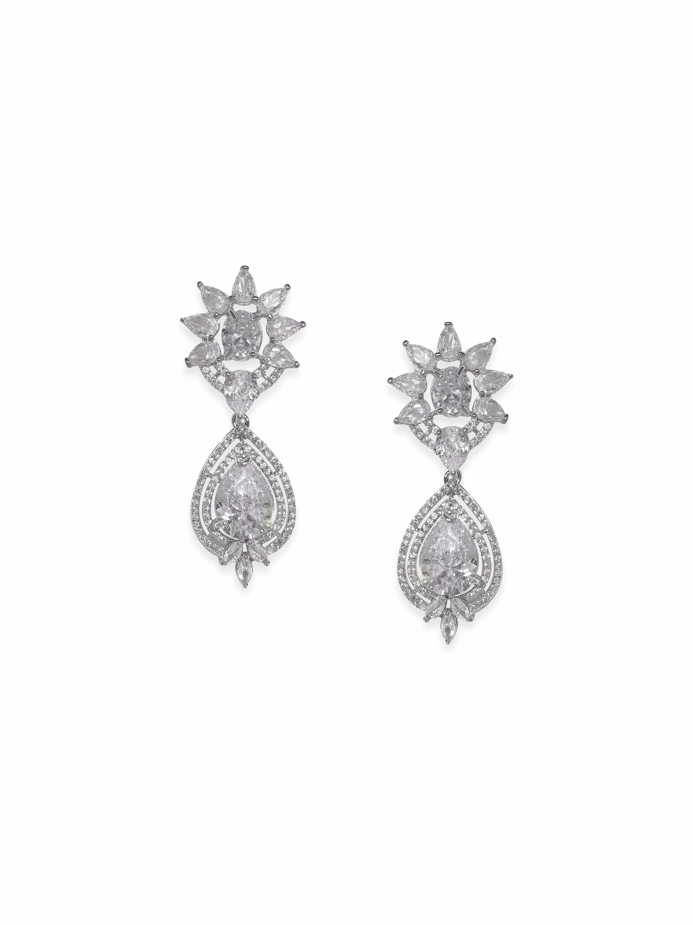 Rubans Rhodium Plated Zirconia Contemprory Dangle Earrings