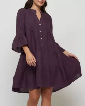 Ruffle Sleeve Tiered Linen Dress in Violet