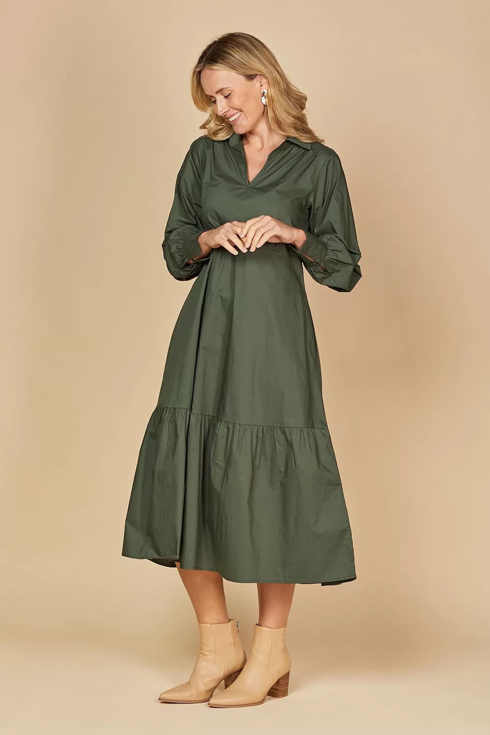 Sabre V-Neck Poplin Dress in Bottle Green