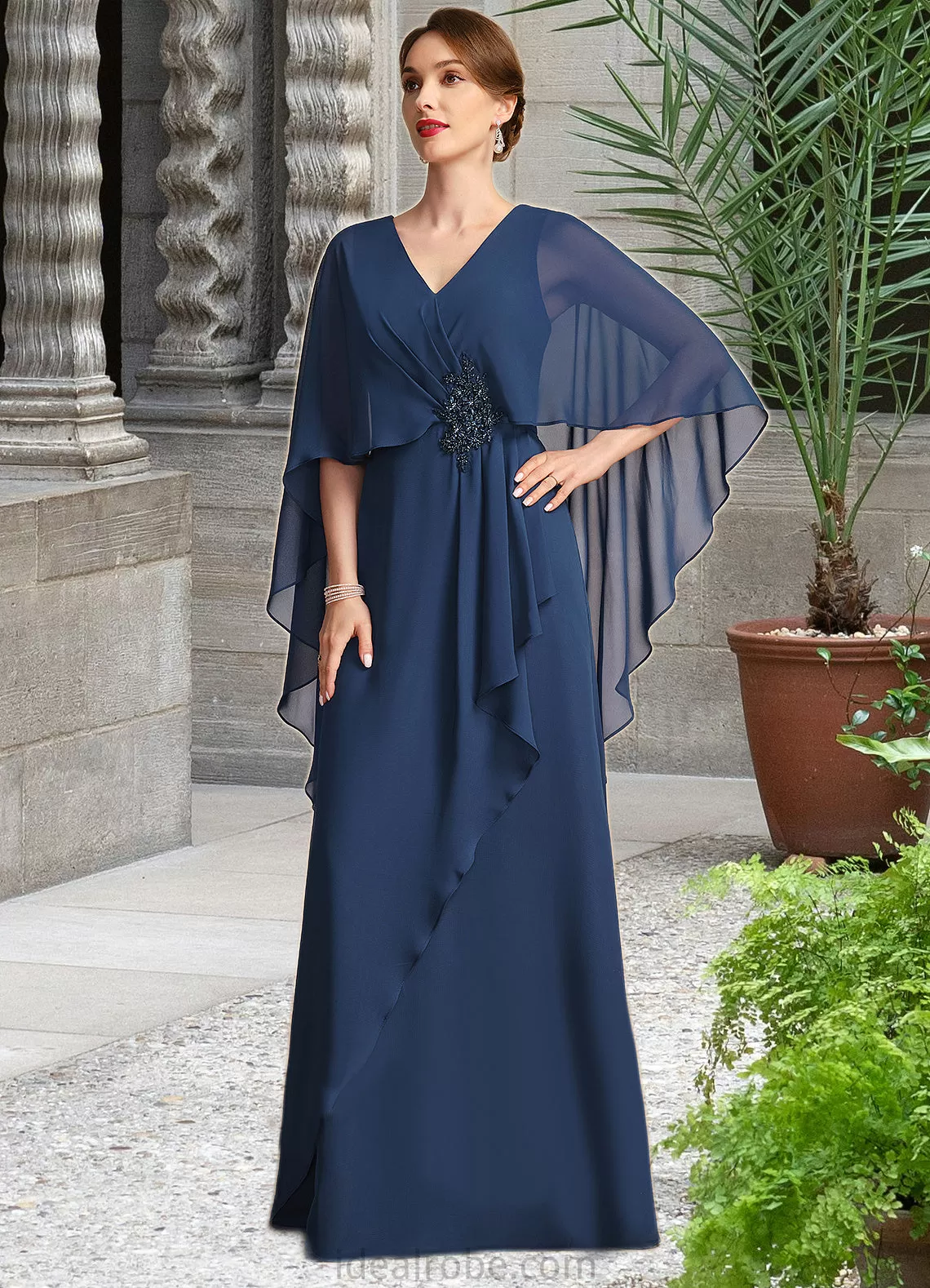 Shaniya A-line V-Neck Floor-Length Chiffon Mother of the Bride Dress With Beading Cascading Ruffles STKP0021766