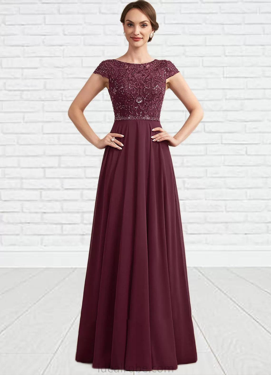 Sibyl A-Line Scoop Neck Floor-Length Chiffon Lace Mother of the Bride Dress With Beading Sequins STK126P0014863