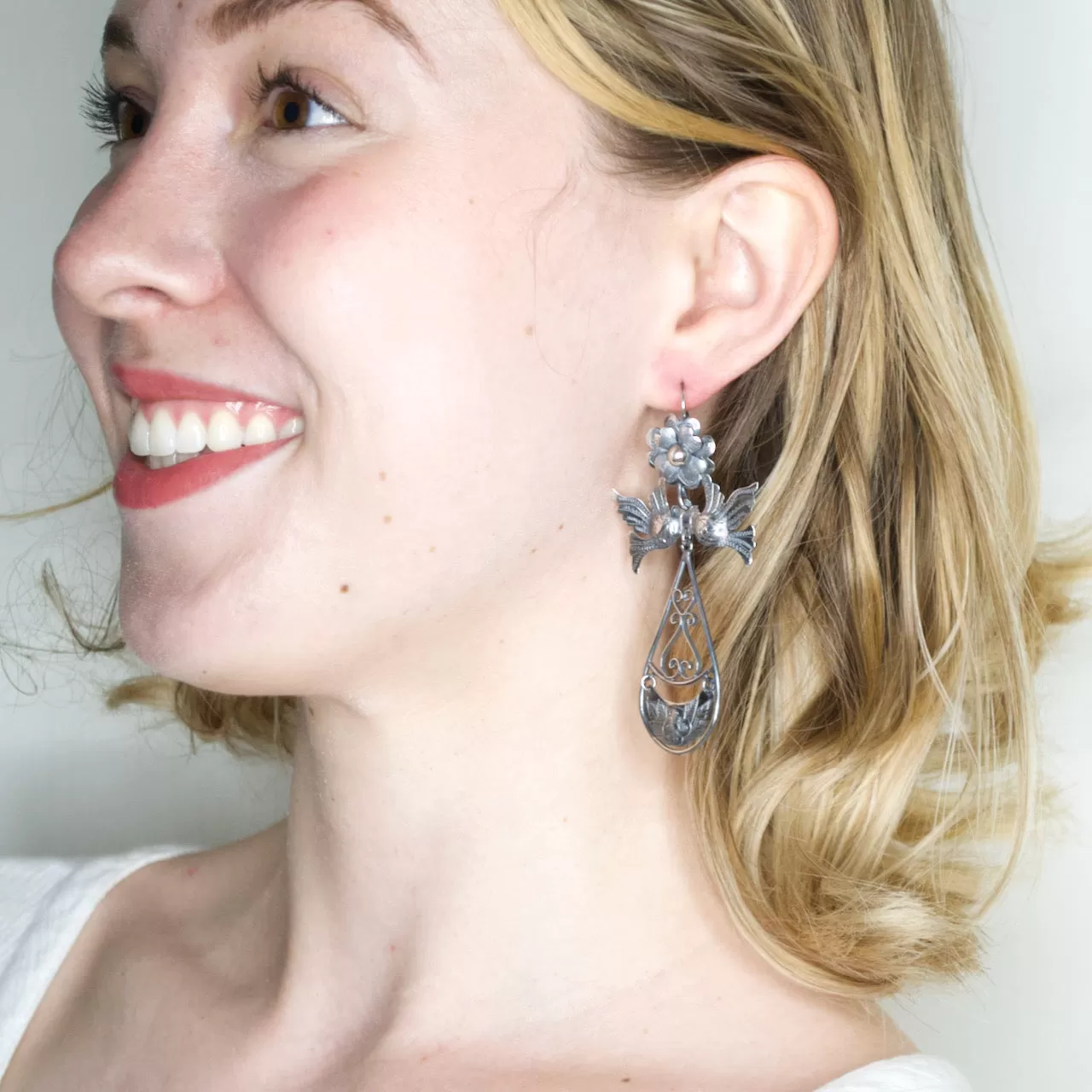 Smaller Birds and Etched Flower Frida Kahlo Earrings