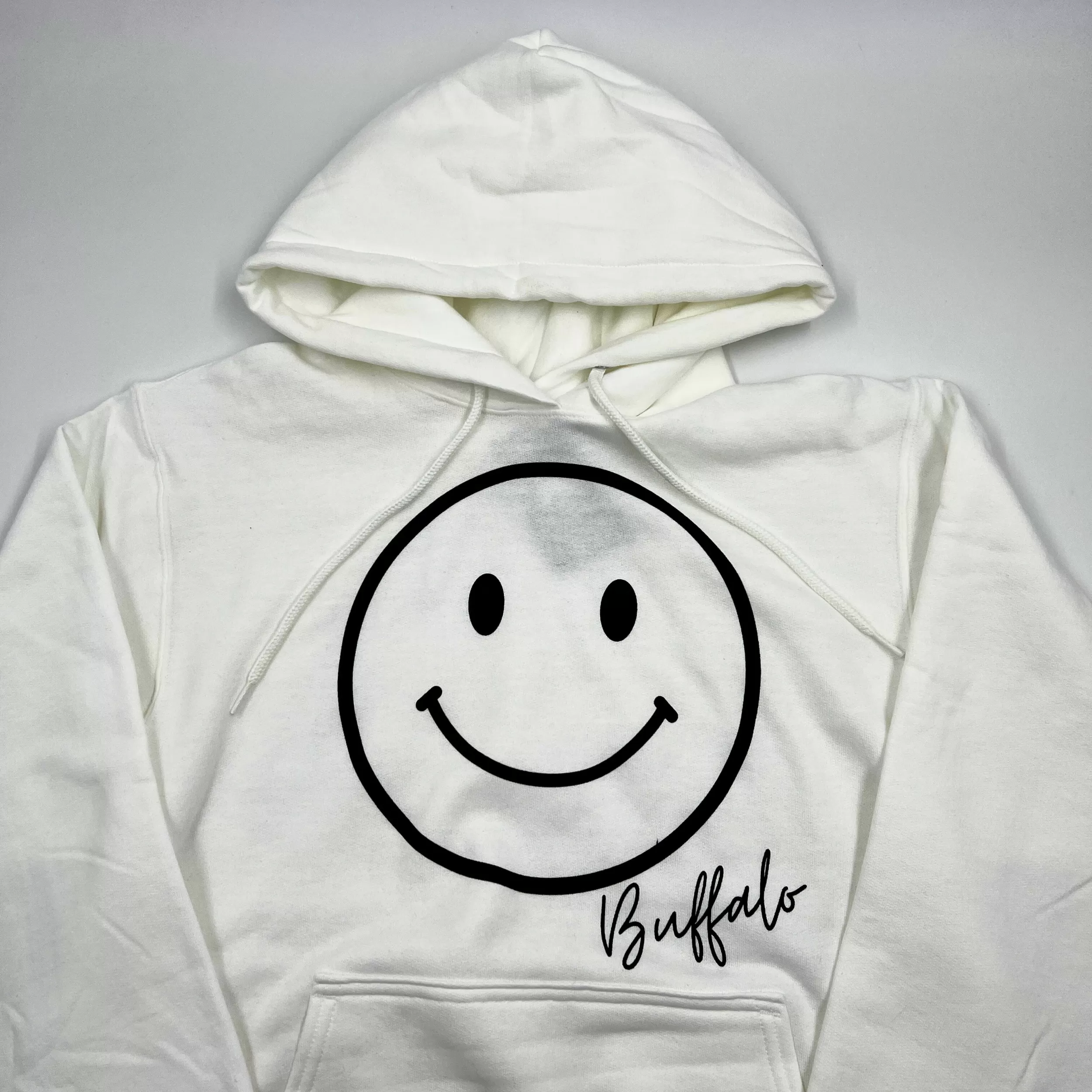 Smiley Face With Buffalo Wordmark White Hoodie