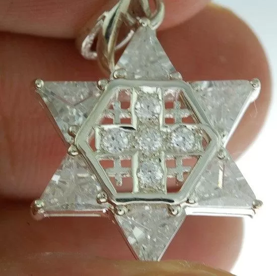 Star of David with Jerusalem cross Silver 925 Pendant With White Colored Stones