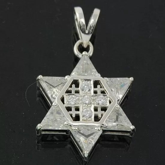 Star of David with Jerusalem cross Silver 925 Pendant With White Colored Stones