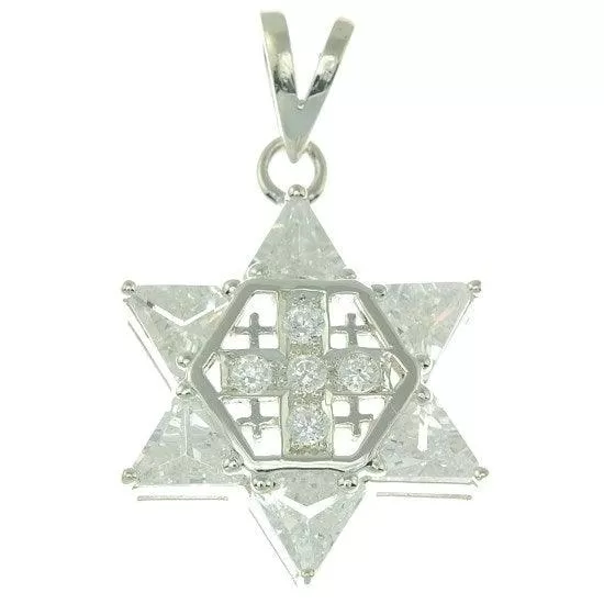 Star of David with Jerusalem cross Silver 925 Pendant With White Colored Stones