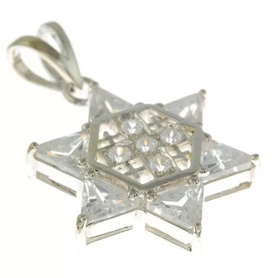 Star of David with Jerusalem cross Silver 925 Pendant With White Colored Stones