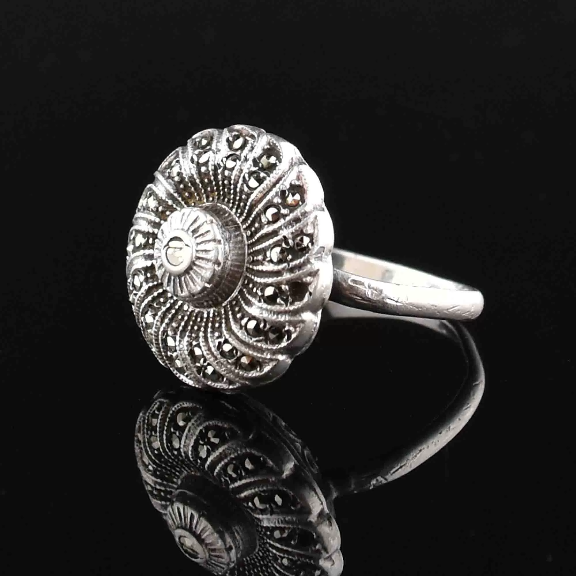 Sterling Silver Marcasite Twist Flower Statement Ring, Sz 6.5