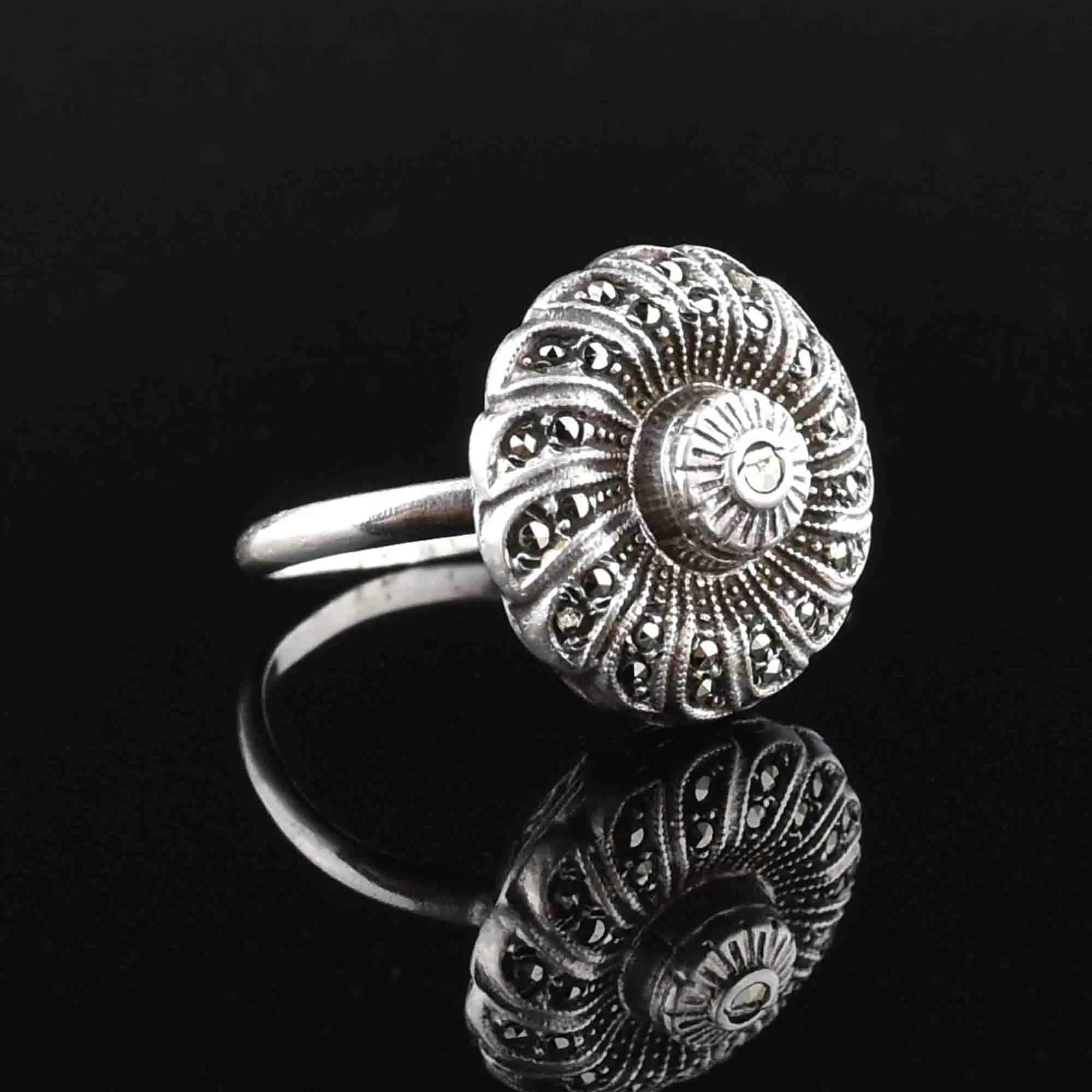 Sterling Silver Marcasite Twist Flower Statement Ring, Sz 6.5