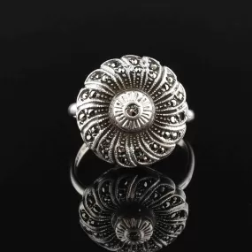 Sterling Silver Marcasite Twist Flower Statement Ring, Sz 6.5