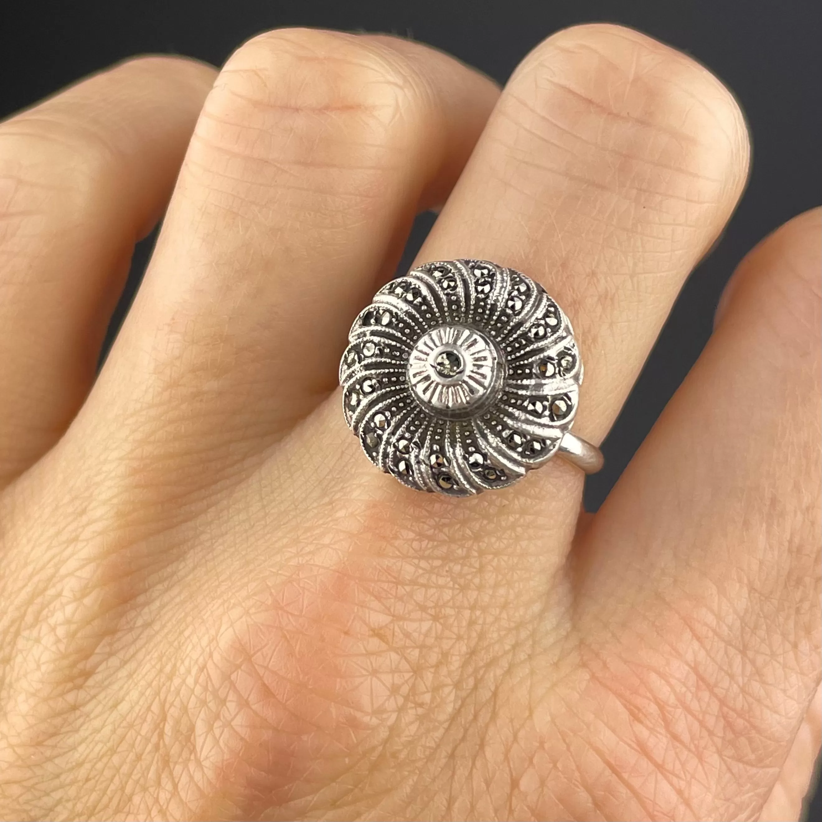 Sterling Silver Marcasite Twist Flower Statement Ring, Sz 6.5