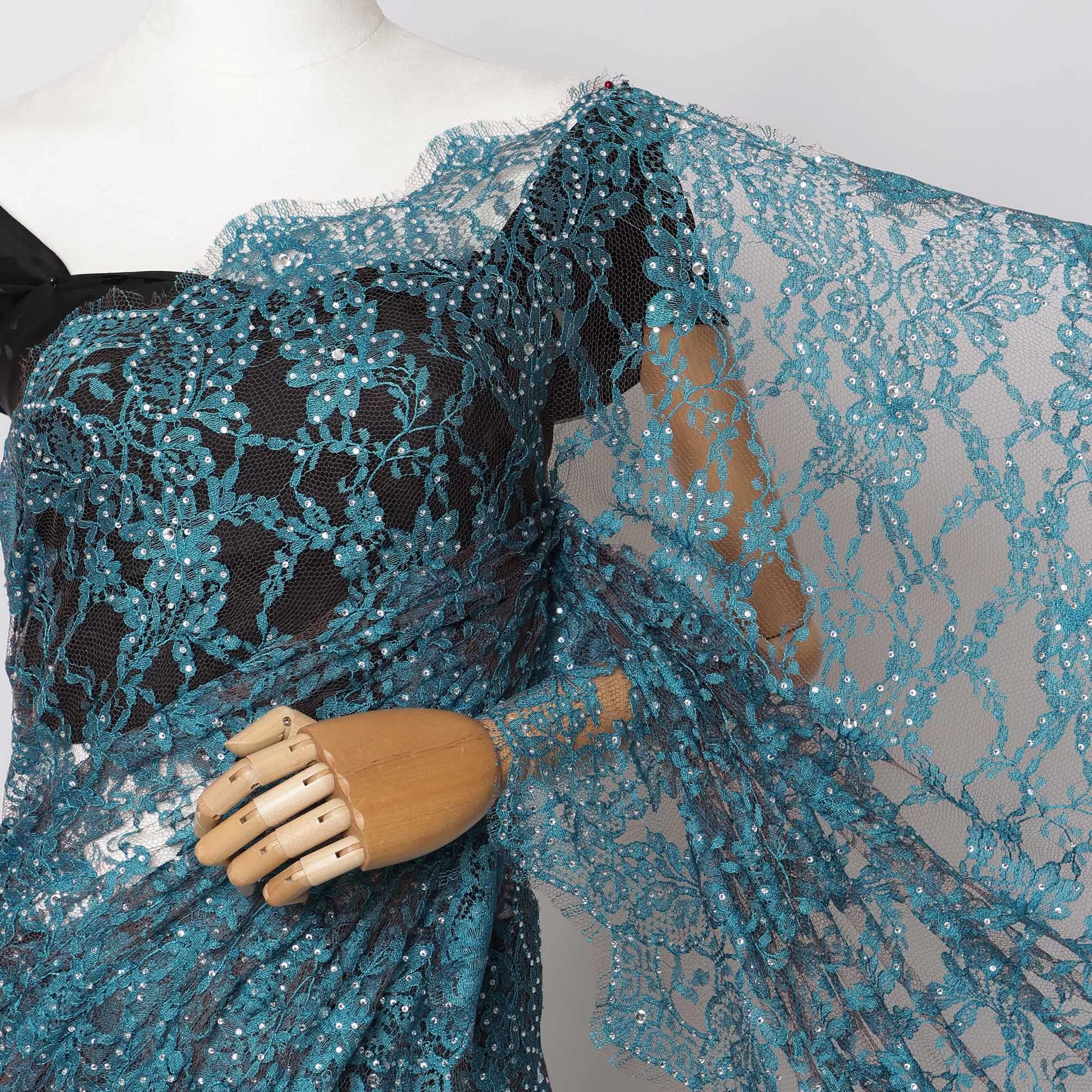 Teal Blue, Black Premium French 2-Tone Chantilly Lace Saree Fabric with stone work - 5.5 Meters, Width 110 cm-D21073