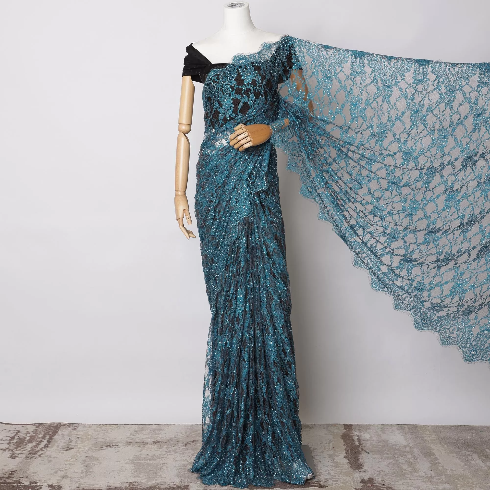 Teal Blue, Black Premium French 2-Tone Chantilly Lace Saree Fabric with stone work - 5.5 Meters, Width 110 cm-D21073