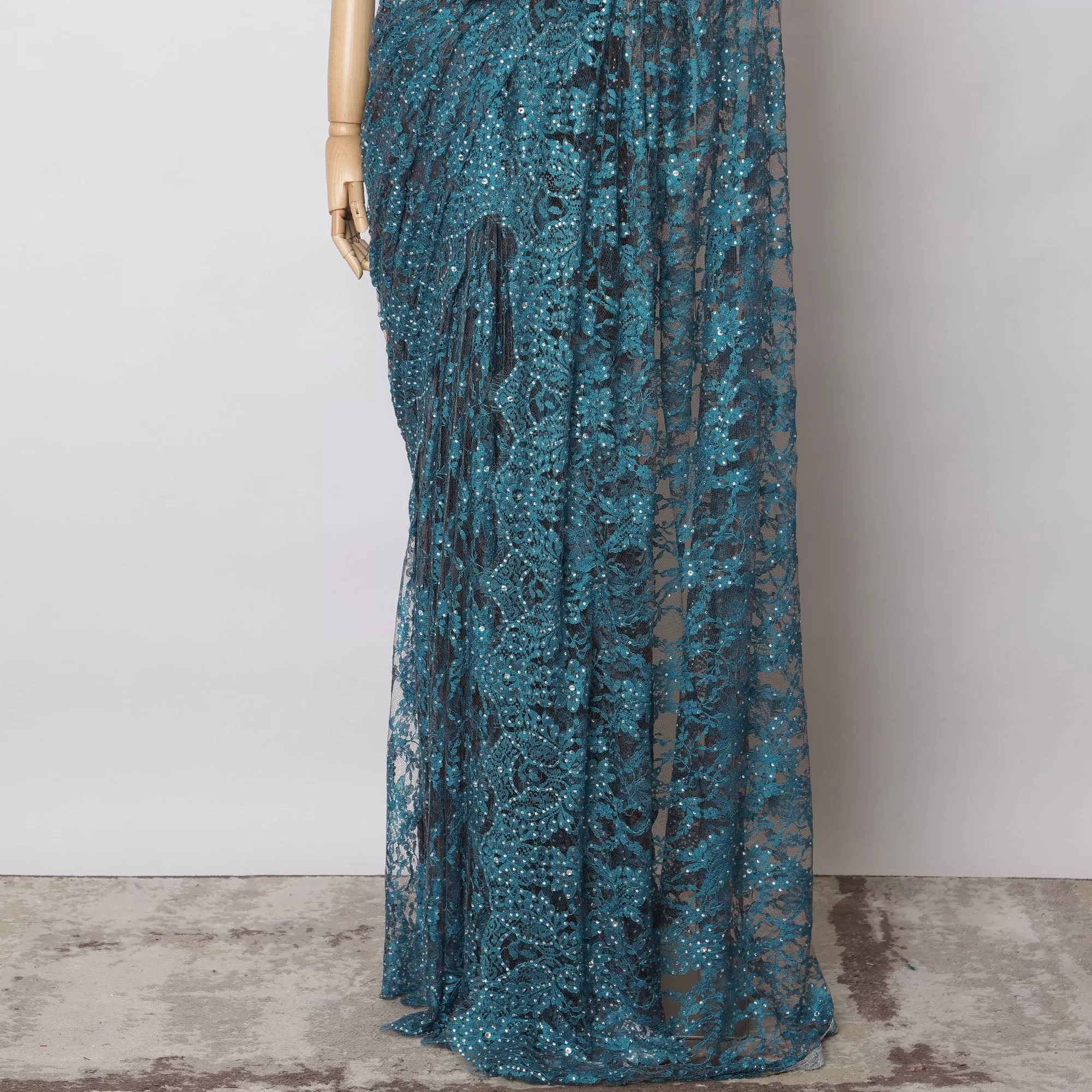 Teal Blue, Black Premium French 2-Tone Chantilly Lace Saree Fabric with stone work - 5.5 Meters, Width 110 cm-D21073