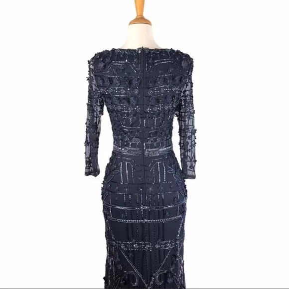 Theia Navy Blue Beaded & Flower Embroiled Dress