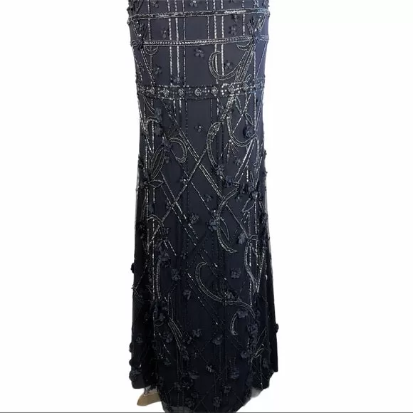 Theia Navy Blue Beaded & Flower Embroiled Dress