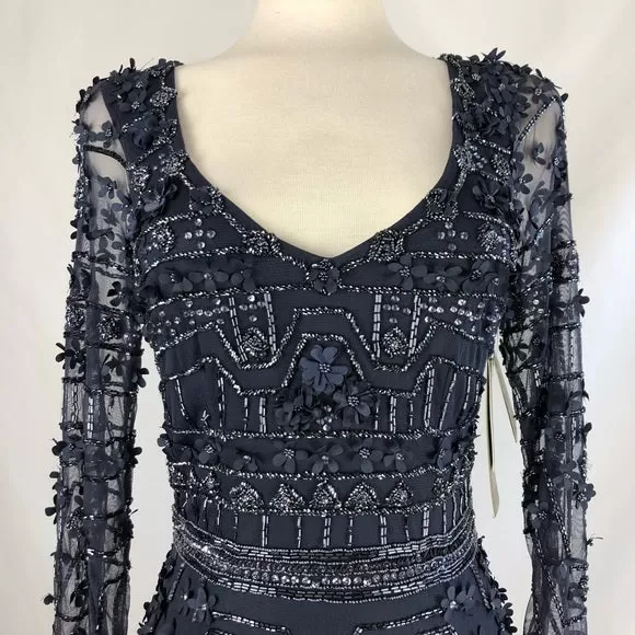 Theia Navy Blue Beaded & Flower Embroiled Dress