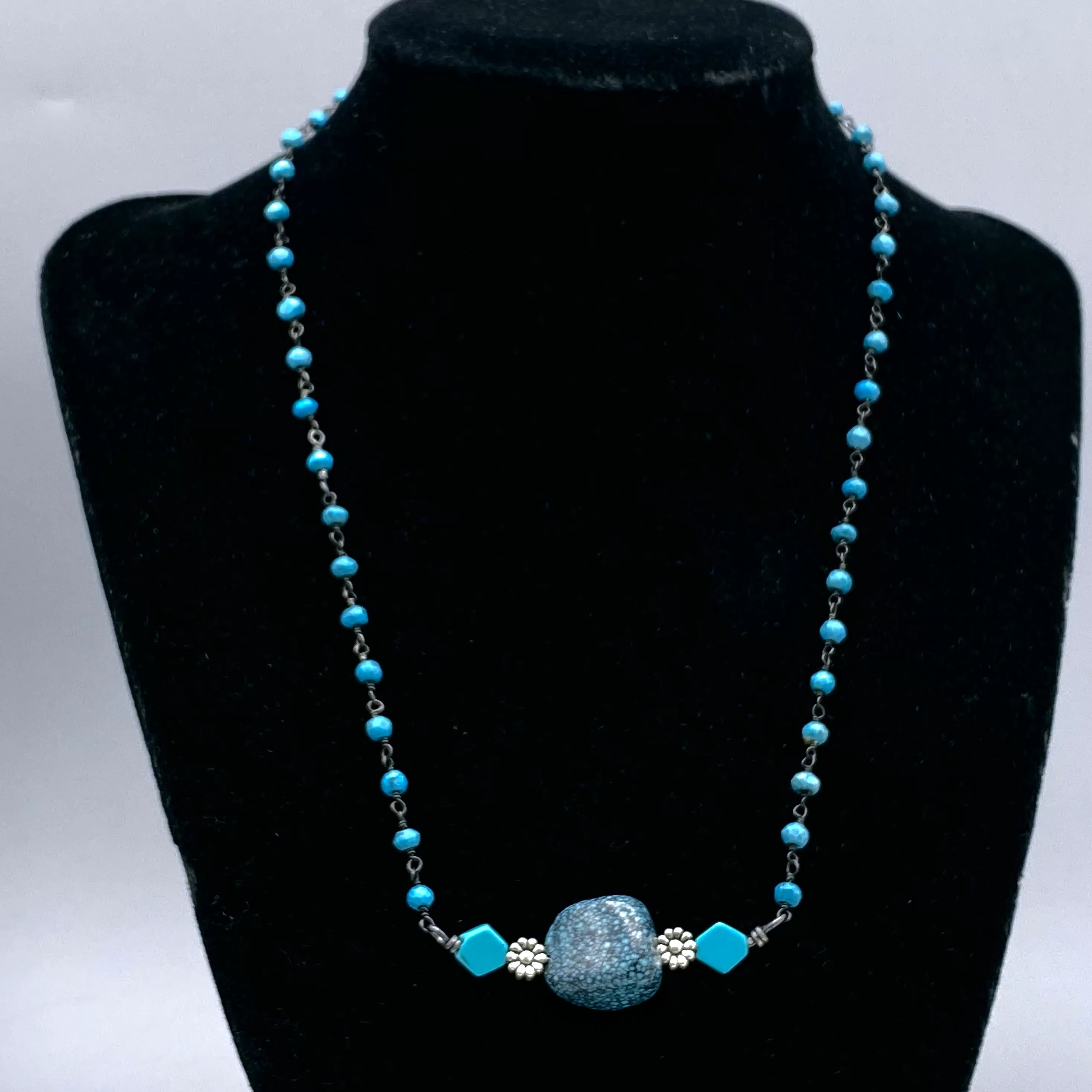 Turquoise gemstones and silver Flower Sterling Silver Necklace