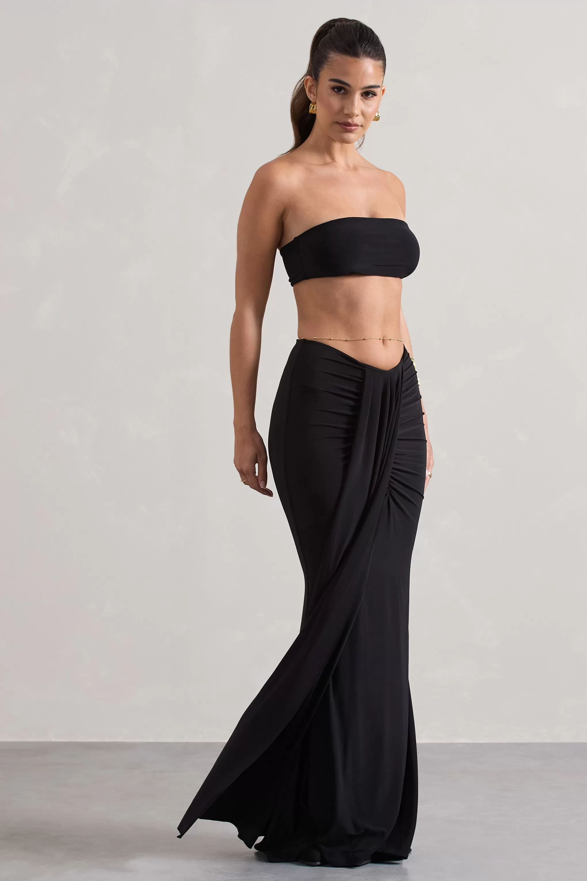 Vitality | Black Ruched Drape Maxi Skirt