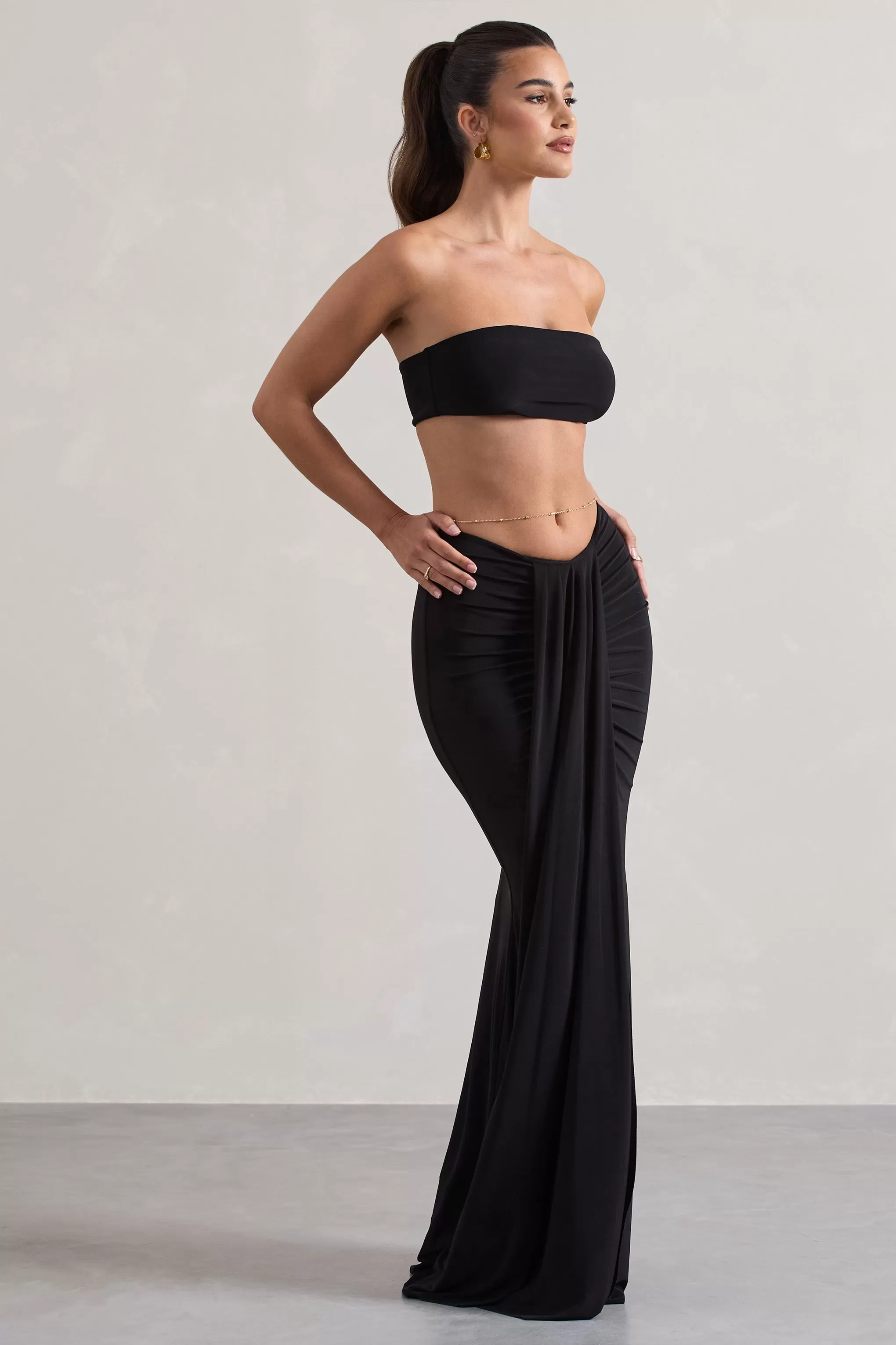 Vitality | Black Ruched Drape Maxi Skirt