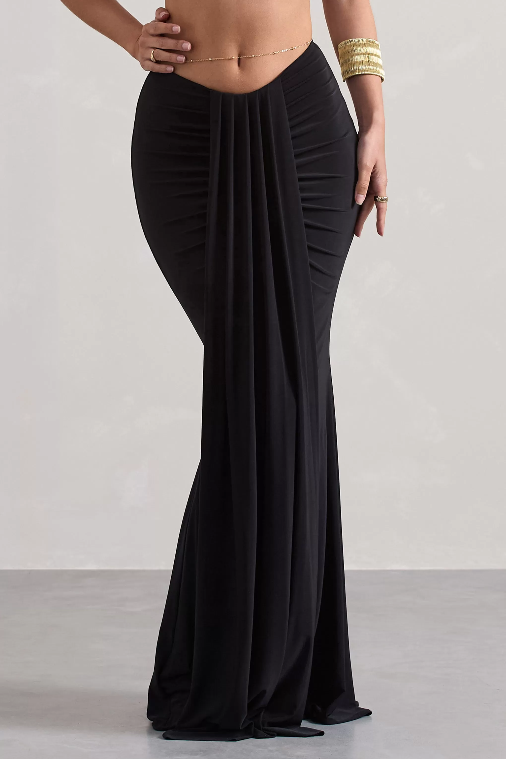 Vitality | Black Ruched Drape Maxi Skirt