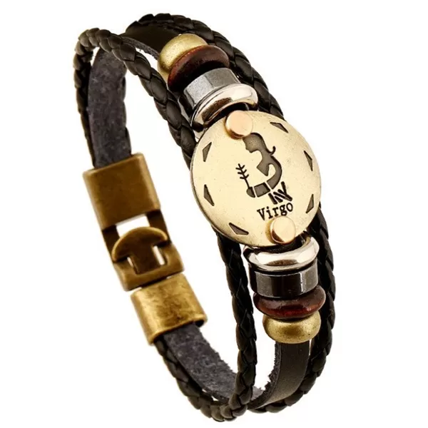 Zodiac Signs Black Gallstone Leather Bracelet