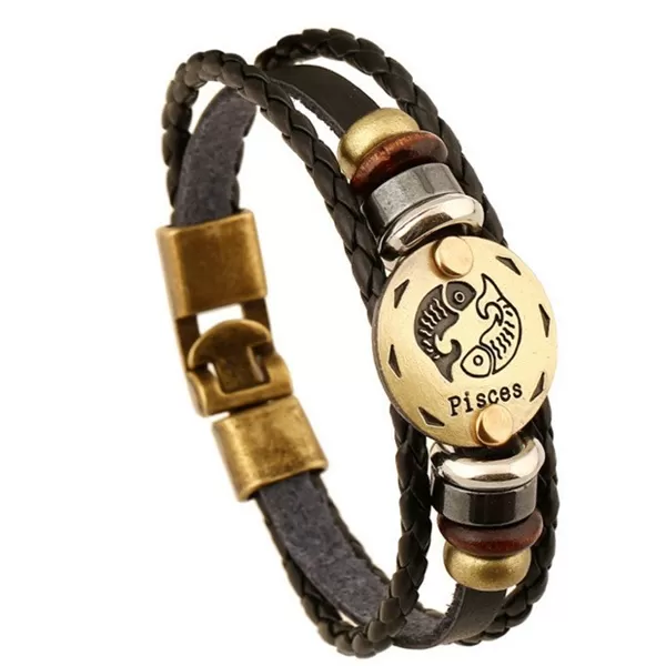 Zodiac Signs Black Gallstone Leather Bracelet