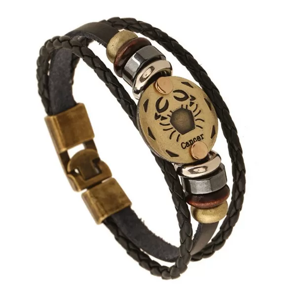 Zodiac Signs Black Gallstone Leather Bracelet