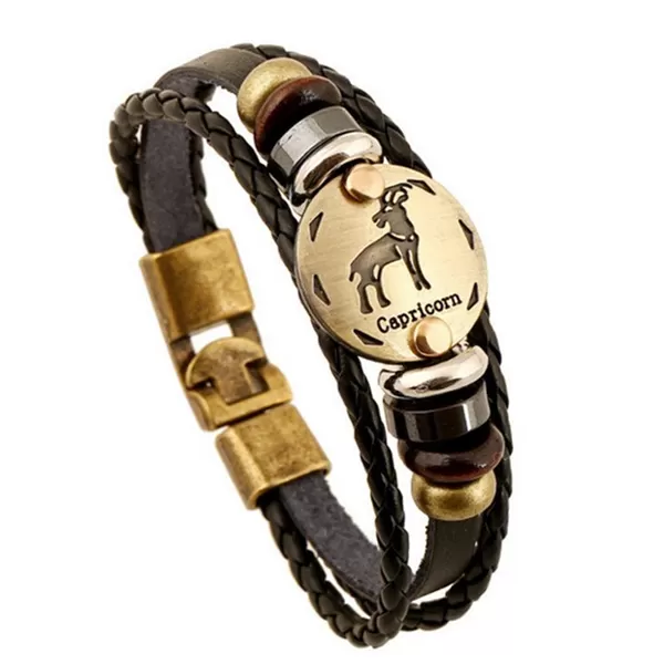 Zodiac Signs Black Gallstone Leather Bracelet