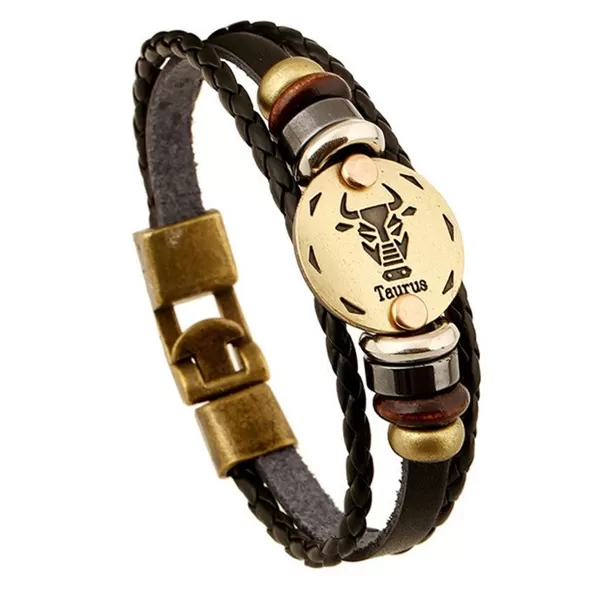 Zodiac Signs Black Gallstone Leather Bracelet