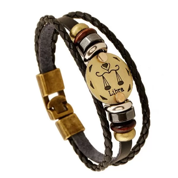 Zodiac Signs Black Gallstone Leather Bracelet