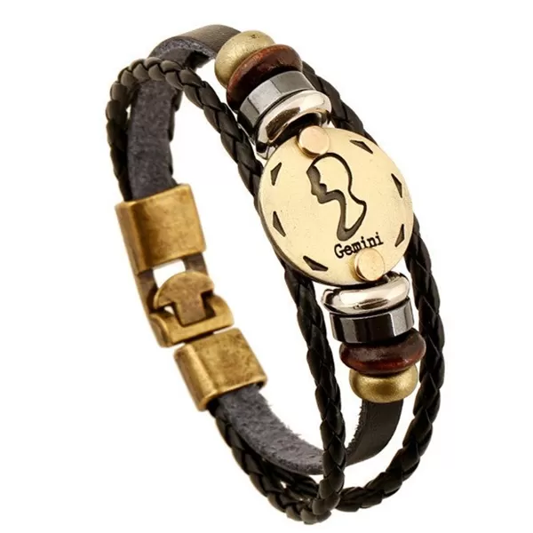 Zodiac Signs Black Gallstone Leather Bracelet