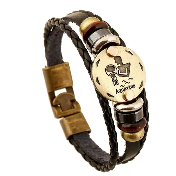 Zodiac Signs Black Gallstone Leather Bracelet