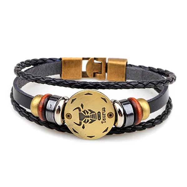 Zodiac Signs Black Gallstone Leather Bracelet