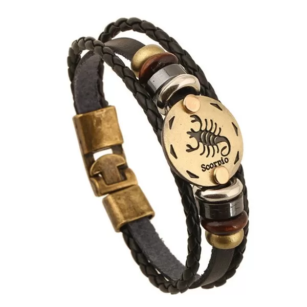 Zodiac Signs Black Gallstone Leather Bracelet