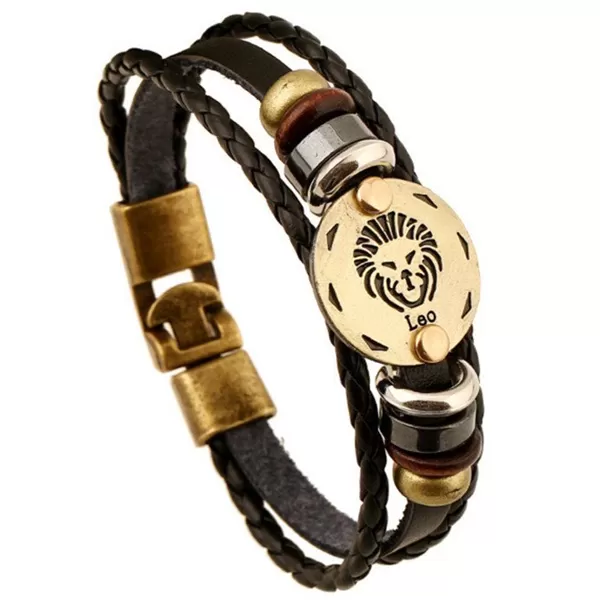 Zodiac Signs Black Gallstone Leather Bracelet