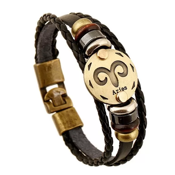 Zodiac Signs Black Gallstone Leather Bracelet